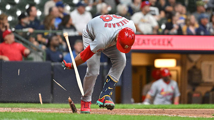 Sep 3, 2024; Milwaukee, Wisconsin, USA; St. Louis Cardinals third base Nolan Arenado (28) smashes his bat after grounding out against the Milwaukee Brewers in the eighth inning at American Family Field. Mandatory Credit: Michael McLoone-Imagn Images