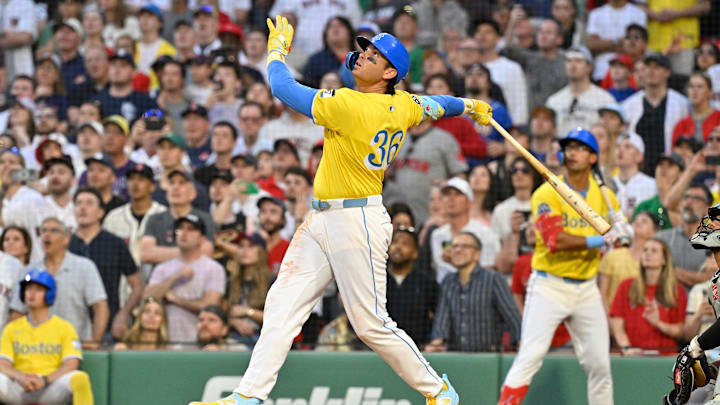 Apr 19, 2025; Boston, Massachusetts, USA; Boston Red Sox first baseman Triston Casas (36) hits an RBI single to end the tenth inning and beat the Chicago White Sox at Fenway Park. Mandatory Credit: Eric Canha-Imagn Images