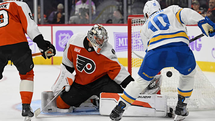 Nov 20, 2025; Philadelphia, Pennsylvania, USA; Philadelphia Flyers goaltender Dan Vladar (80) makes a save against St. Louis Blues center Brayden Schenn (10) during the second period at Xfinity Mobile Arena. Mandatory Credit: Eric Hartline-Imagn Images