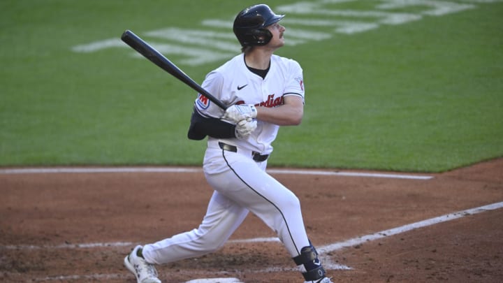 May 18, 2024; Cleveland, Ohio, USA; Cleveland Guardians designated hitter Kyle Manzardo (9) bats in the fourth inning against the Minnesota Twins at Progressive Field. Mandatory Credit: David Richard-USA TODAY Sports May 18, 2024; Cleveland, Ohio, USA; Cleveland Guardians designated hitter Kyle Manzardo (9) bats in the fourth inning against the Minnesota Twins at Progressive Field. Mandatory Credit: David Richard-USA TODAY Sports