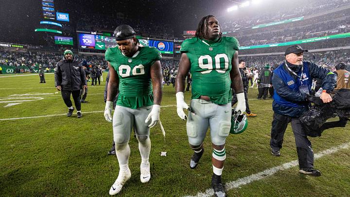 Nov 26, 2023; Philadelphia, Pennsylvania, USA; Philadelphia Eagles defensive tackle Jordan Davis (90) and defensive tackle Jalen Carter (98) walk off the field after a victory against the Buffalo Bills at Lincoln Financial Field. Mandatory Credit: Bill Streicher-USA TODAY Sports