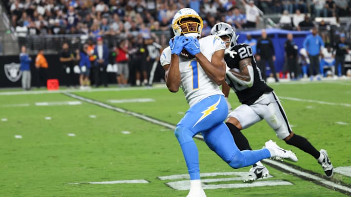 Chargers wide receiver Quentin Johnston (1) catches a 60-yard touchdown against the Raiders.