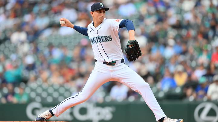 Jun 3, 2026; Seattle, Washington, USA; Seattle Mariners starting pitcher George Kirby (68) pitches to the New York Mets during the first inning at T-Mobile Park. Mandatory Credit: Steven Bisig-Imagn Images