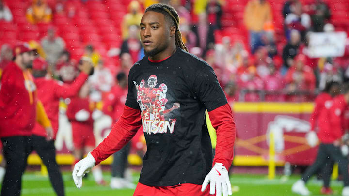 Nov 4, 2024; Kansas City, Missouri, USA; Kansas City Chiefs safety Justin Reid (20) warms up against the Tampa Bay Buccaneers prior to a game at GEHA Field at Arrowhead Stadium.