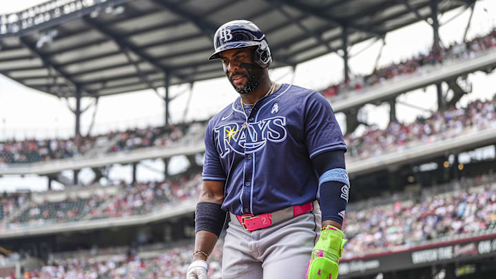 Jun 16, 2024; Cumberland, Georgia, USA; Tampa Bay Rays designated hitter Yandy Diaz (2) shown after scoring a run against the Atlanta Braves during the first inning at Truist Park. Mandatory Credit: Dale Zanine-Imagn Images