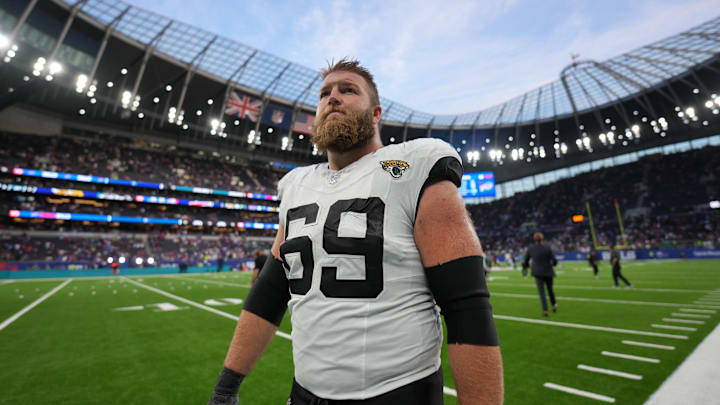Oct 8, 2023; London United Kingdom, Jacksonville Jaguars center Tyler Shatley (69) leaves the field