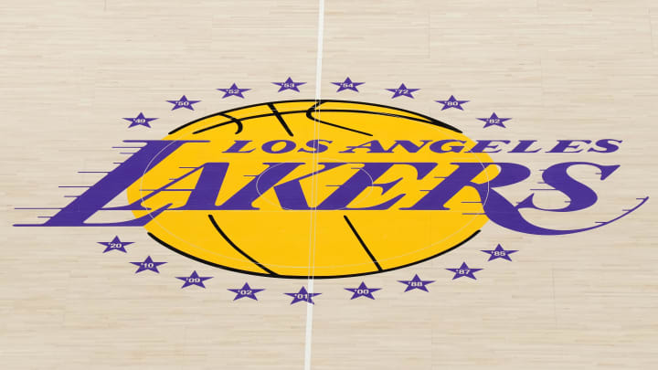 Jan 18, 2023; Los Angeles, California, USA; The Los Angeles Lakers logo at midcourt at Crypto.com Arena. Mandatory Credit: Kirby Lee-USA TODAY Sports