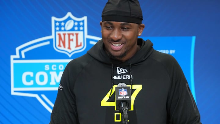 Boston College defensive lineman Donovan Ezeiruaku during the 2025 NFL Scouting Combine 