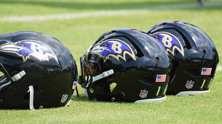 Jul 23, 2025; Owings Mills, MD, USA; Baltimore Ravens helmets await use during training camp at the Under Armour Performance Center. Mandatory Credit: Mitch Stringer-Imagn Images Jul 23, 2025; Owings Mills, MD, USA; Baltimore Ravens helmets await use during training camp at the Under Armour Performance Center. Mandatory Credit: Mitch Stringer-Imagn Images