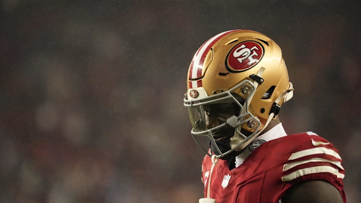 Dec 12, 2024; Santa Clara, California, USA; San Francisco 49ers wide receiver Deebo Samuel Sr (1) during the final seconds of the game against the Los Angeles Rams at Levi's Stadium. Mandatory Credit: Kelley L Cox-Imagn Images