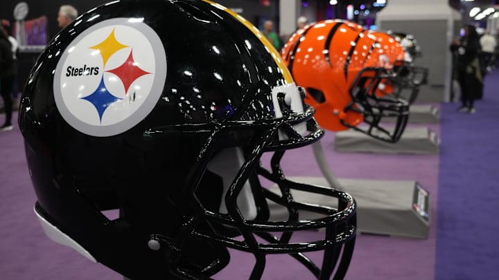Feb 7, 2024; Las Vegas, NV, USA; A large Pittsburgh Steelers helmet at the NFL Experience at the Mandalay Bay South Convention Center. Mandatory Credit: Kirby Lee-Imagn Images
