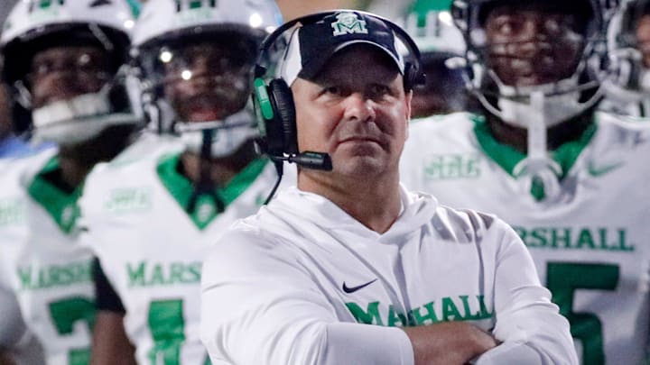 Marshall coach Tony Gibson on the sidelines during MTSU's Homecoming football game against Marshall on Saturday, Sept. 20, 2025.