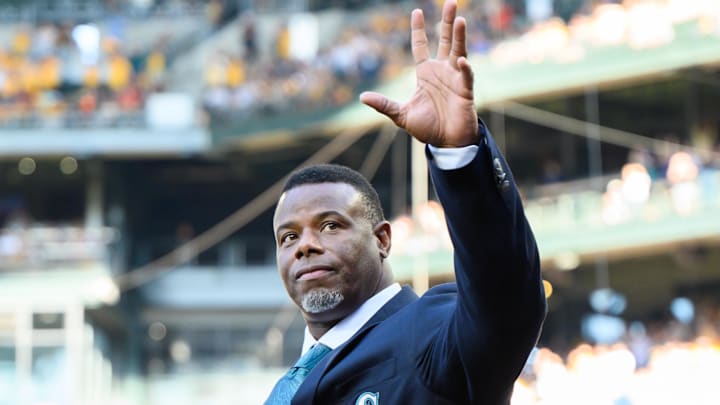 Aug 12, 2023; Seattle, Washington, USA; Major League Baseball Hall of Famer Ken Griffey Jr. is introduced prior to the Mariners Hall of Fame induction of Felix Hernandez (not pictured) prior to the game between the Seattle Mariners and the Baltimore Orioles at T-Mobile Park. Mandatory Credit: Steven Bisig-Imagn Images