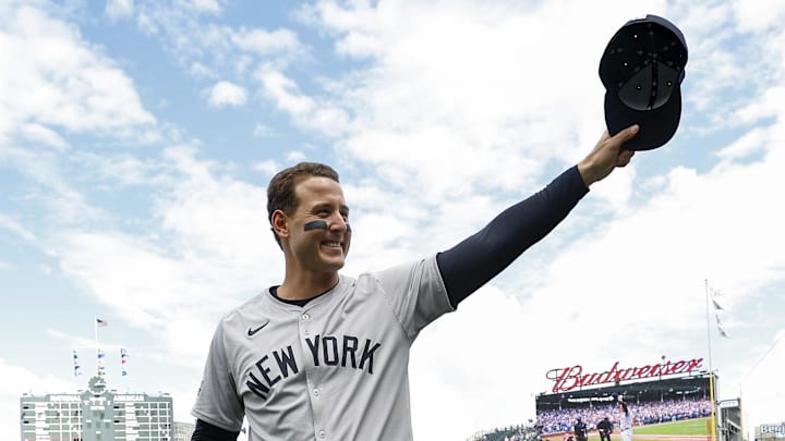 Sep 6, 2024; Chicago, Illinois, USA; New York Yankees first baseman Anthony Rizzo (48) waves to fans