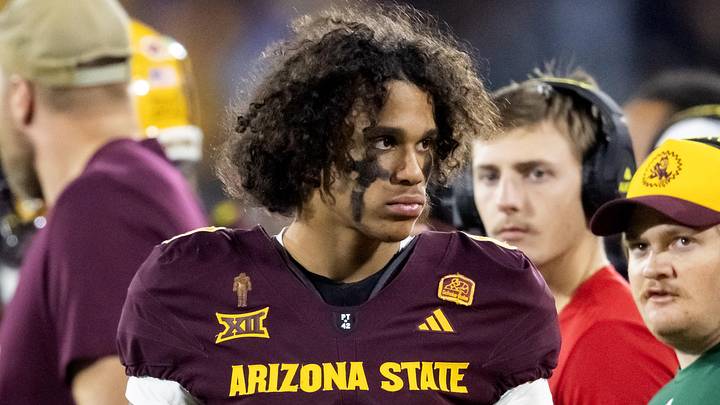 Nov 28, 2025; Tempe, Arizona, USA; Arizona State Sun Devils wide receiver Jordyn Tyson (0) against the Arizona Wildcats during the 99th Territorial Cup at Mountain America Stadium. Mandatory Credit: Mark J. Rebilas-Imagn Images