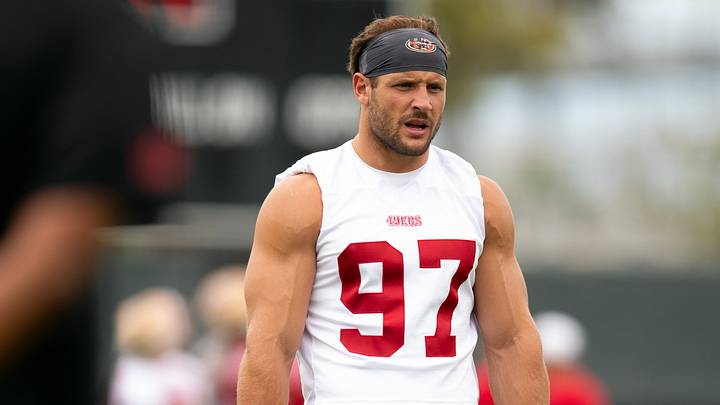 Jul 24, 2025; Santa Clara, CA, USA; San Francisco 49ers defensive end Nick Bosa (97) awaits his turn during pass rushing drills during the second day of training camp. Mandatory Credit: D. Ross Cameron-Imagn Images Jul 24, 2025; Santa Clara, CA, USA; San Francisco 49ers defensive end Nick Bosa (97) awaits his turn during pass rushing drills during the second day of training camp. Mandatory Credit: D. Ross Cameron-Imagn Images