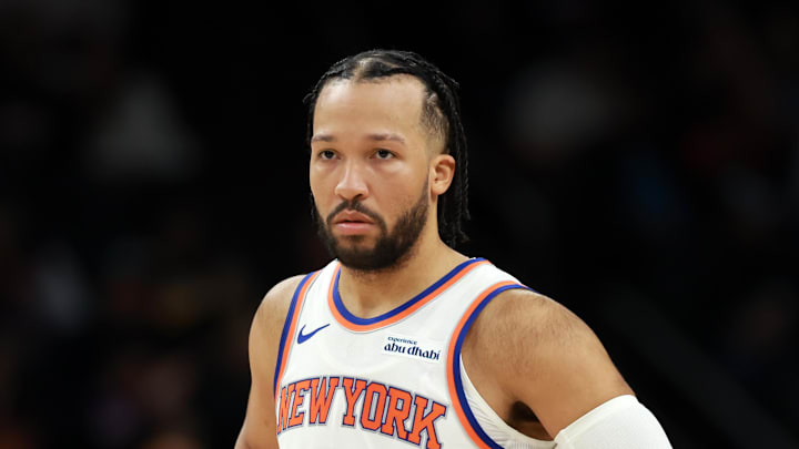 Jan 9, 2026; Phoenix, Arizona, USA; New York Knicks guard Jalen Brunson (11) against the Phoenix Suns at Mortgage Matchup Center. Mandatory Credit: Mark J. Rebilas-Imagn Images