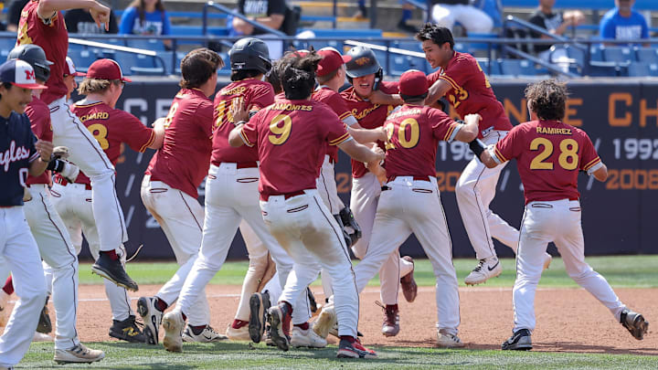Estancia celebrates its walk-off victory over Marshall to win the CIF Southern Section Division 6 title at Cal State Fullerton on Saturday, May 31, 2025.