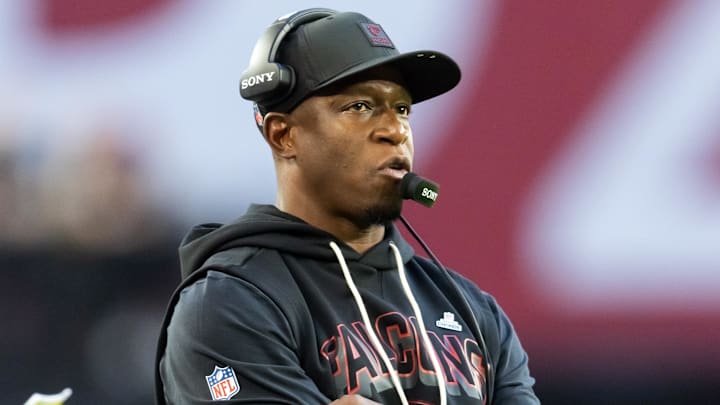 Dec 21, 2025; Glendale, Arizona, USA; Atlanta Falcons head coach Raheem Morris against the Arizona Cardinals at State Farm Stadium. Mandatory Credit: Mark J. Rebilas-Imagn Images