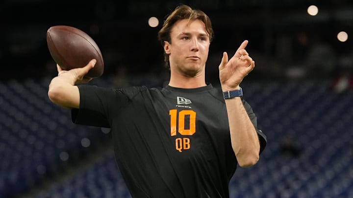 Feb 28, 2026; Indianapolis, IN, USA; Clemson quarterback Cade Klubnik (QB10) during the NFL Scouting Combine at Lucas Oil Stadium. Mandatory Credit: Kirby Lee-Imagn Images