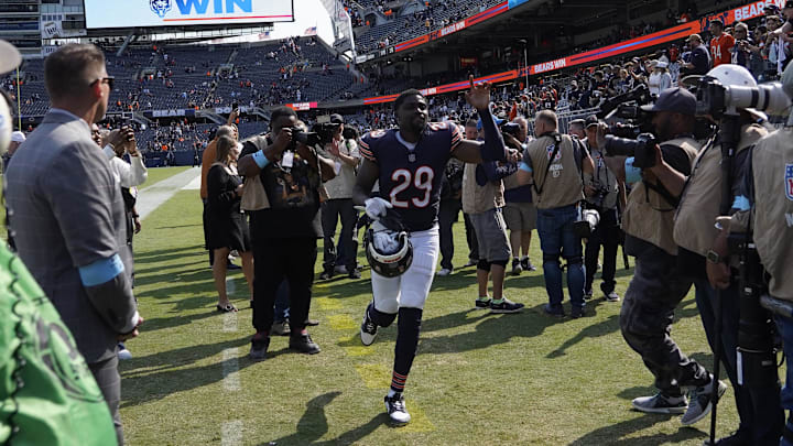 Sep 8, 2024; Chicago, Illinois, USA; Chicago Bears cornerback Tyrique Stevenson (29) celebrates a win against the Tennessee Titans at Soldier Field. Mandatory Credit: David Banks-Imagn Images