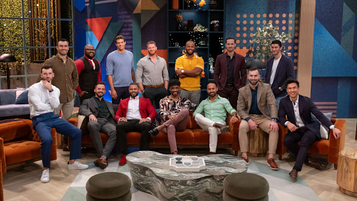 Love Is Blind. (L to R) Nick Dorka, Garrett Hoseman, Tamar Smith, Bohdan Olinares, Jason Drecchio, Tyler Frances, Stephen Richardson, Ramses Prashad, Timothee Godbee, David Romero, Perry Slomnicki, Nick Pugh, Leo Braudy, Ray Potterbaum in episode 701 of Love Is Blind. Cr. Adam Rose/Netflix © 2024