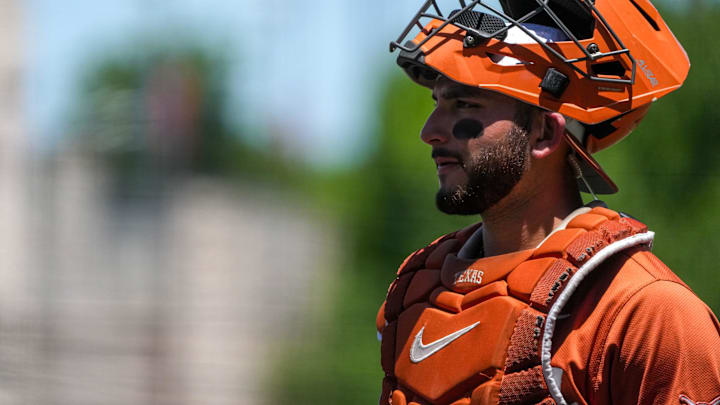 Texas Longhorns catcher Rylan Galvan (6) walks to home plate during the game against Florida at UFCU Disch-Falk Field on Sunday, May 11, 2025 in Austin.