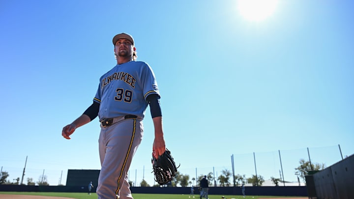 Milwaukee Brewers pitcher Chad Patrick (39) comes off the field during spring training workouts Saturday, February 14, 2026, at American Family Fields of Phoenix in Phoenix, Arizona.