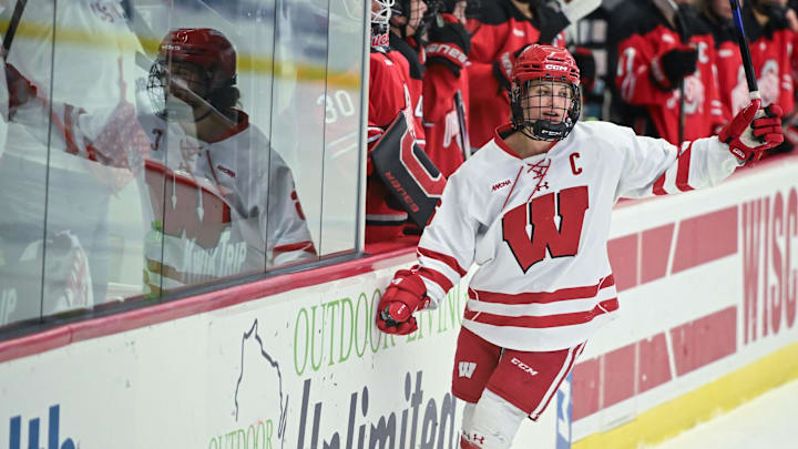 Wisconsin right wing Lacey Eden (6) celebrates her goal against Ohio State during the first period in a game Sunday, February 8, 2026, at LaBahn Arena in Madison, Wisconsin.