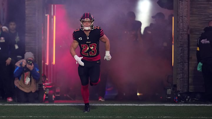Jan 3, 2026; Santa Clara, California, USA;San Francisco 49ers running back Christian McCaffrey (23) takes the field before the game at Levi's Stadium. Mandatory Credit: Neville E. Guard-Imagn Images Jan 3, 2026; Santa Clara, California, USA;San Francisco 49ers running back Christian McCaffrey (23) takes the field before the game at Levi's Stadium. Mandatory Credit: Neville E. Guard-Imagn Images