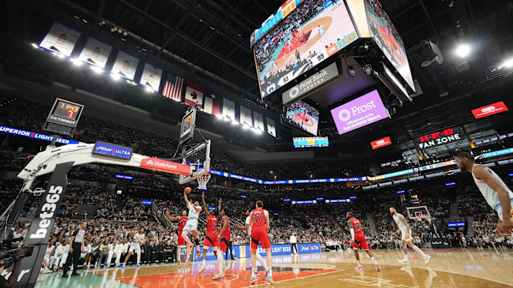 Apr 13, 2025; San Antonio, Texas, USA; Overall view of a game between the San Antonio Spurs and Toronto Raptors during the second half at Frost Bank Center. Mandatory Credit: Scott Wachter-Imagn Images