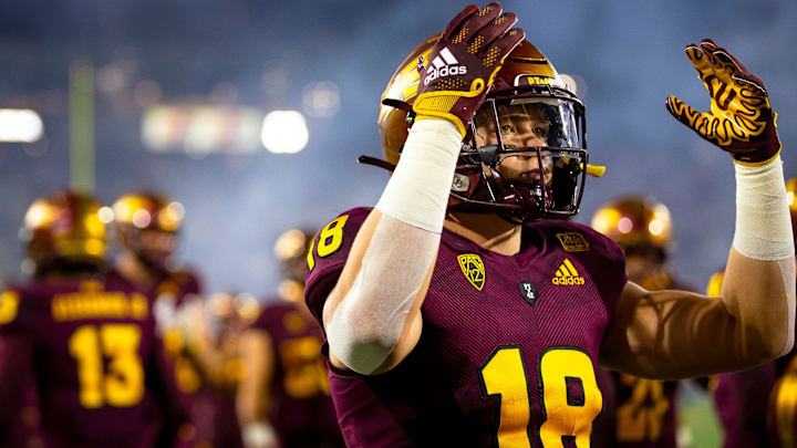 Connor Soelle greets the crowd at the start of a home game against Stanford University at Sun Devil Stadium in Tempe on Oct. 8, 2021.

Asu Stanford Football Game 6029647001 13