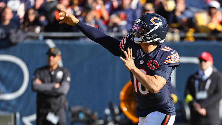 Nov 23, 2025; Chicago, Illinois, USA; Chicago Bears quarterback Caleb Williams (18) drops back to pass against the Pittsburgh Steelers during the second half at Soldier Field. Mandatory Credit: Mike Dinovo-Imagn Images