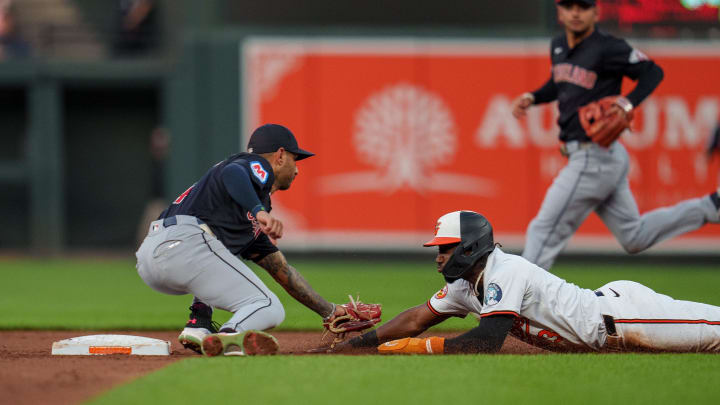 Jun 26, 2024; Baltimore, Maryland, USA; Cleveland Guardians shortstop Brayan Rocchio (4) tags out Baltimore Orioles second base Jorge Mateo (3) at second base during the third inning at Oriole Park at Camden Yards. Mandatory Credit: Reggie Hildred-USA TODAY Sports