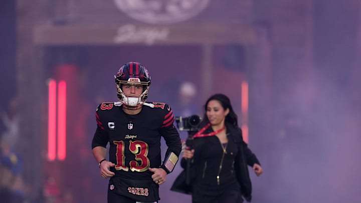 Jan 3, 2026; Santa Clara, California, USA; San Francisco 49ers quarterback Brock Purdy (13) takes the field before the game at Levi's Stadium. Mandatory Credit: Neville E. Guard-Imagn Images