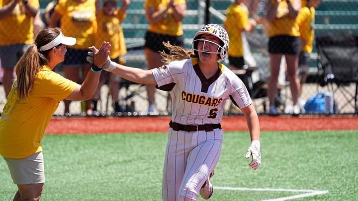 Kenton Ridge starting pitcher Ivee Rastatter (9) rounds third base on a solo homer during an OHSAA DIV state final softball game against the Licking Valley Panthers, June 7, 2026, at Firestone Stadium in Akron, Ohio.
