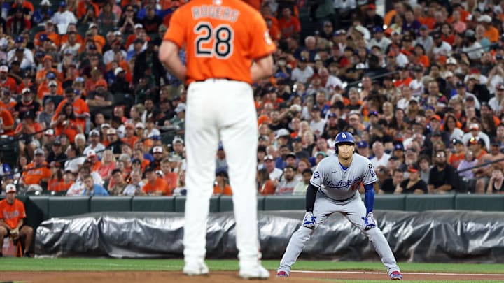 Sep 6, 2025; Baltimore, Maryland, USA; Los Angeles Dodgers two-way player Shohei Ohtani (17) stares down Baltimore Orioles pitcher Trevor Rogers (28) during the first inning at Oriole Park at Camden Yards. Mandatory Credit: Daniel Kucin Jr.-Imagn Images Sep 6, 2025; Baltimore, Maryland, USA; Los Angeles Dodgers two-way player Shohei Ohtani (17) stares down Baltimore Orioles pitcher Trevor Rogers (28) during the first inning at Oriole Park at Camden Yards. Mandatory Credit: Daniel Kucin Jr.-Imagn Images