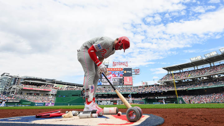 Mar 29, 2025; Washington, District of Columbia, USA; Philadelphia Phillies first baseman Bryce Harper (3) in the on deck circle during the third inning against the Washington Nationals at Nationals Park. Mar 29, 2025; Washington, District of Columbia, USA; Philadelphia Phillies first baseman Bryce Harper (3) in the on deck circle during the third inning against the Washington Nationals at Nationals Park.