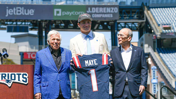 Apr 26, 2024; Foxborough, MA, USA; New England Patriots owner (L) Robert Kraft and president
