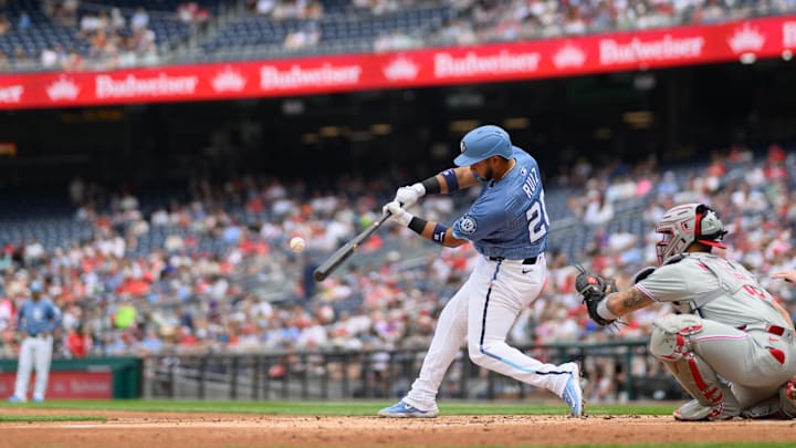 Mar 29, 2025; Washington, District of Columbia, USA; Washington Nationals catcher Keibert Ruiz (20) hits a single during the sixth inning against the Philadelphia Phillies at Nationals Park. Mar 29, 2025; Washington, District of Columbia, USA; Washington Nationals catcher Keibert Ruiz (20) hits a single during the sixth inning against the Philadelphia Phillies at Nationals Park.