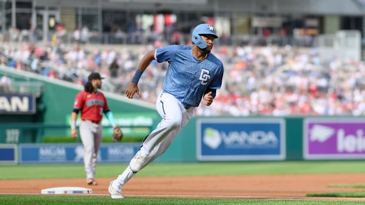 Apr 5, 2025; Washington, District of Columbia, USA; Washington Nationals outfielder James Wood (29) rounds third base to score during the first inning against the Arizona Diamondbacks at Nationals Park. Apr 5, 2025; Washington, District of Columbia, USA; Washington Nationals outfielder James Wood (29) rounds third base to score during the first inning against the Arizona Diamondbacks at Nationals Park.
