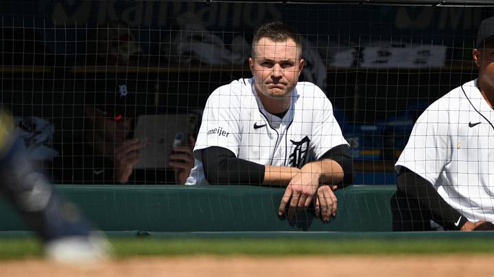 Apr 23, 2026; Detroit, Michigan, USA;  Detroit Tigers starting pitcher Tarik Skubal (29) watches from the dugout steps after being pulled from the game against the Milwaukee Brewers in the seventh inning at Comerica Park. Mandatory Credit: Lon Horwedel-Imagn Images