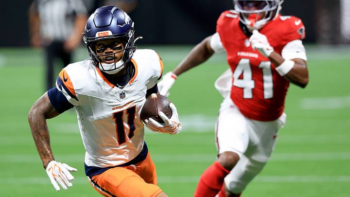 ATLANTA, GA - AUGUST 14: Darren Hall (41) of the Atlanta Falcons pursues Troy Franklin (11) of the Denver Broncos during the Friday evening NFL, American Football Herren, USA preseason football game between the Atlanta Falcons and the Denver Broncos on August 14, 2026 at Mercedes-Benz Stadium in Atlanta, Georgia. ATLANTA, GA - AUGUST 14: Darren Hall (41) of the Atlanta Falcons pursues Troy Franklin (11) of the Denver Broncos during the Friday evening NFL, American Football Herren, USA preseason football game between the Atlanta Falcons and the Denver Broncos on August 14, 2026 at Mercedes-Benz Stadium in Atlanta, Georgia.