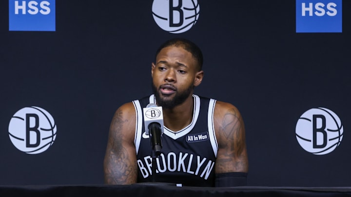 Sep 23, 2025; Brooklyn, NY, USA;  Brooklyn Nets forward Haywood Highsmith (7) speaks at Media Day. Mandatory Credit: Wendell Cruz-Imagn Images