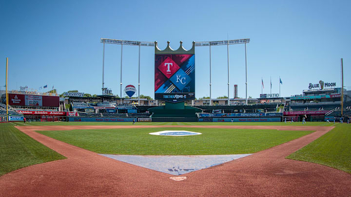 Jun 29, 2022; Kansas City, Missouri, USA; Crown scoreboard prior to the game between the Kansas City Royals and the Texas Rangers at Kauffman Stadium. Mandatory Credit: William Purnell-Imagn Images Jun 29, 2022; Kansas City, Missouri, USA; Crown scoreboard prior to the game between the Kansas City Royals and the Texas Rangers at Kauffman Stadium. Mandatory Credit: William Purnell-Imagn Images