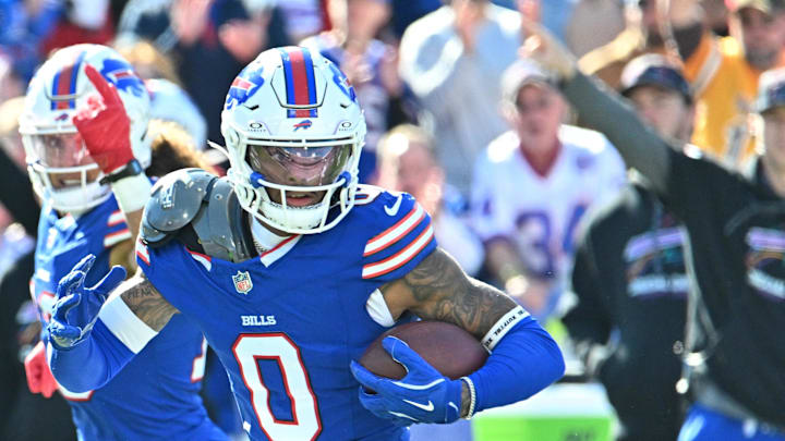 Oct 20, 2024; Orchard Park, New York, USA; Buffalo Bills wide receiver Keon Coleman (0) runs after making a catch in the second quarter against the Tennessee Titans at Highmark Stadium. Mandatory Credit: Mark Konezny-Imagn Images Oct 20, 2024; Orchard Park, New York, USA; Buffalo Bills wide receiver Keon Coleman (0) runs after making a catch in the second quarter against the Tennessee Titans at Highmark Stadium. Mandatory Credit: Mark Konezny-Imagn Images