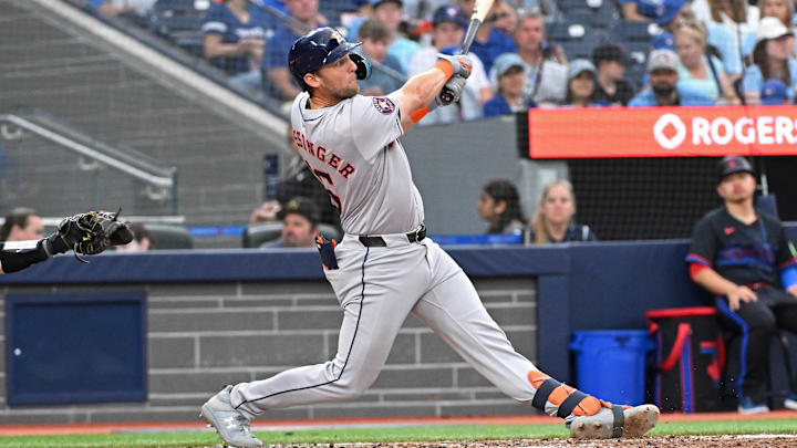 Jul 3, 2024; Toronto, Ontario, CAN; Houston Astros first baseman Grae Kessinger (16) bats against the Toronto Blue Jays at Rogers Centre. Mandatory Credit: Gerry Angus-Imagn Images
