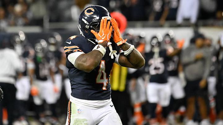 Sep 28, 2026; Chicago, Illinois, USA;  Chicago Bears running back D'Andre Swift (4) reacts after getting a first down during the second half against the Philadelphia Eagles at Soldier Field. Mandatory Credit: Matt Marton-Imagn Images
