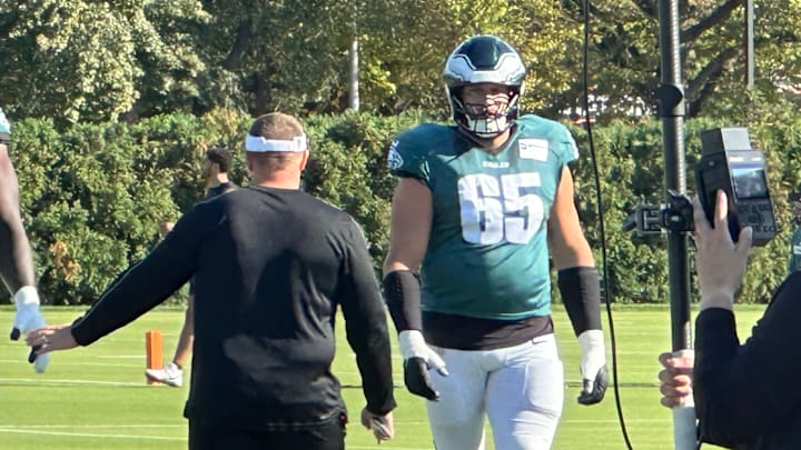 Eagles right tackle Lane Johnson goes through practice after clearing concussion protocol entering Week 6 of the 2024 season.