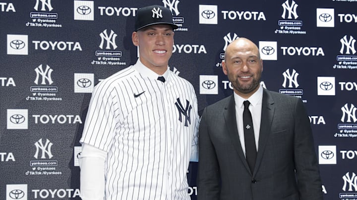 Dec 21, 2022; Bronx, New York, USA; Aaron Judge poses with Derek Jeter 